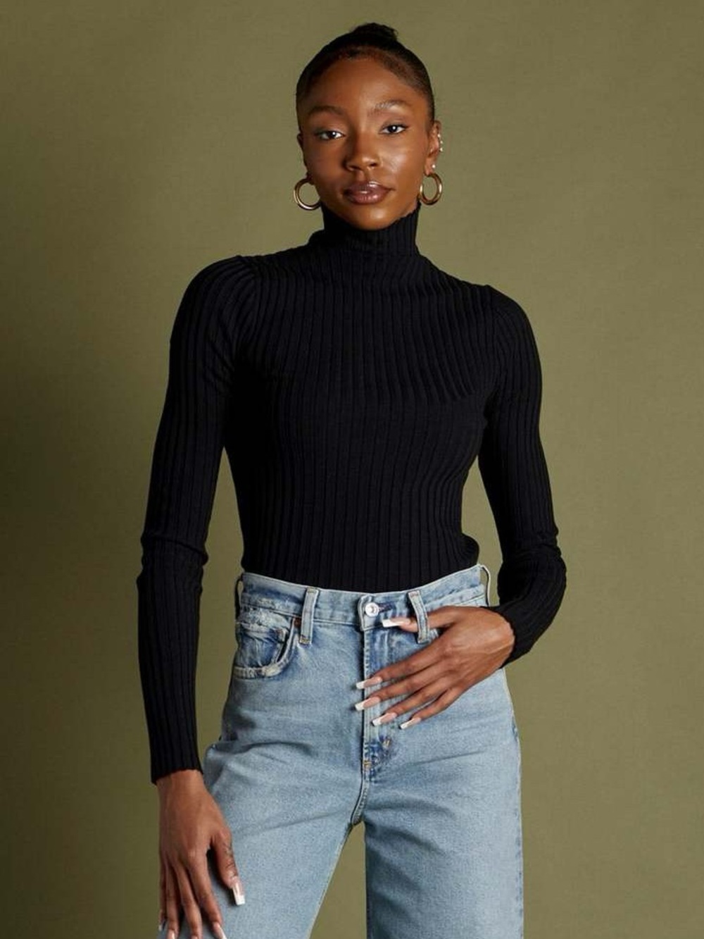 Anine Bing Clare Knit Top Black Turtleneck Ribbed A-08-4159-000A NWOT Fitted